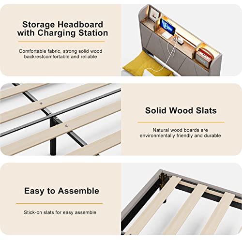 King Bed Frame with Charging Station and Storage Shelf Headboard, Upholstered LED Bed Frame with Solid Wood Slats, Light Brown U582144