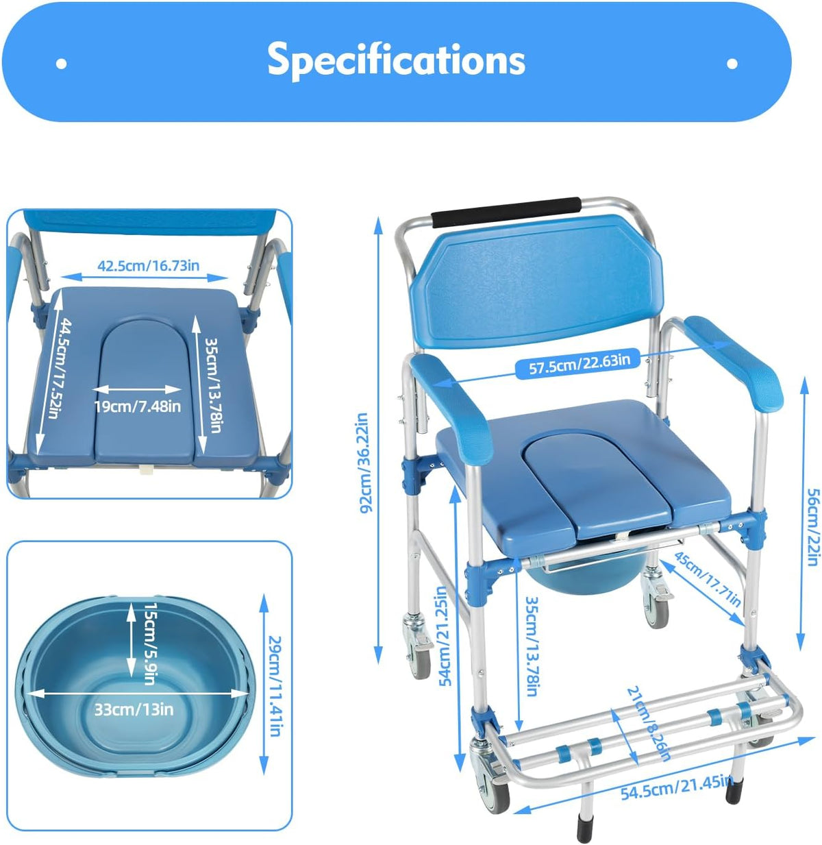 Shower Commode Wheelchair with 4 Universal Wheels, 330Lbs Capacity K6482