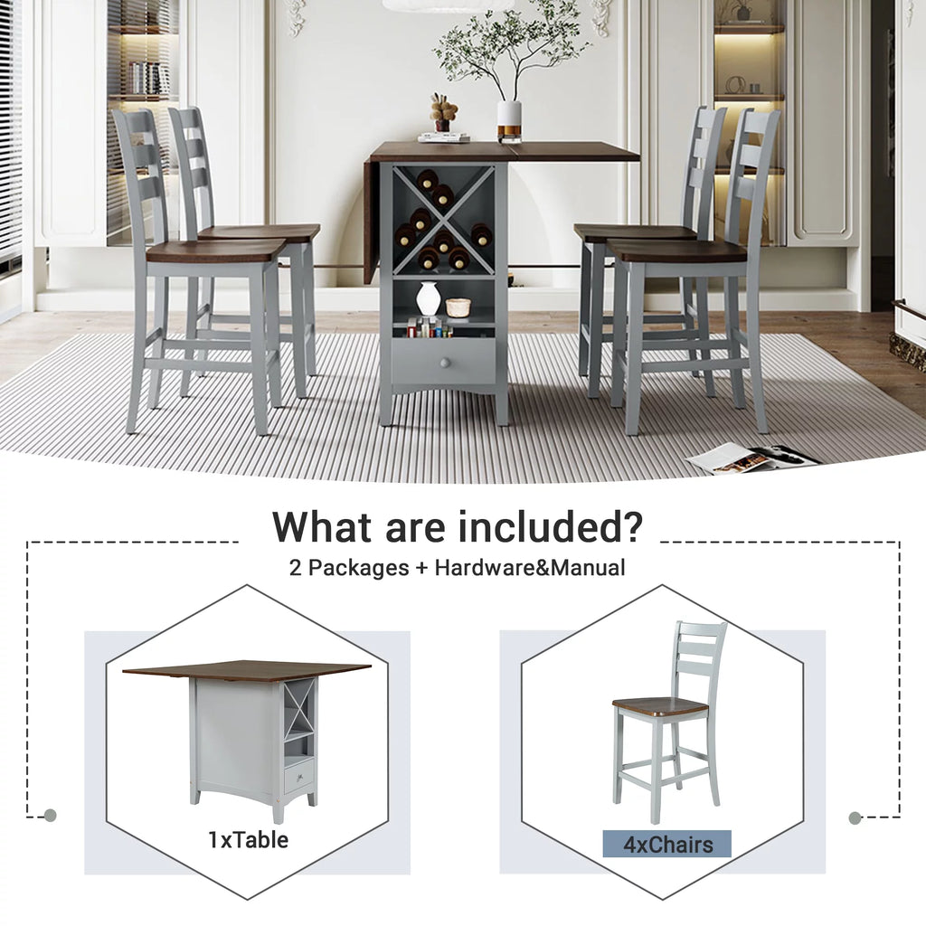 Farmhouse Wood 5-Piece Counter Height Dining Table Set with Drop Leaf V21994