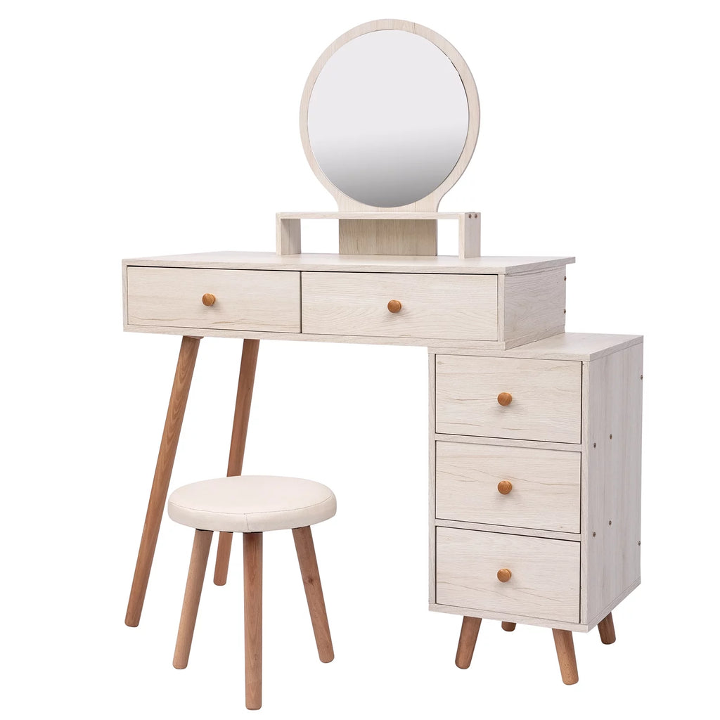 Makeup Vanity Table with Cushioned Stool, 5 Drawers, Round Mirror A510