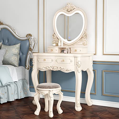 White Makeup Vanity with LED Light Mirror and Cushioned Stool A336