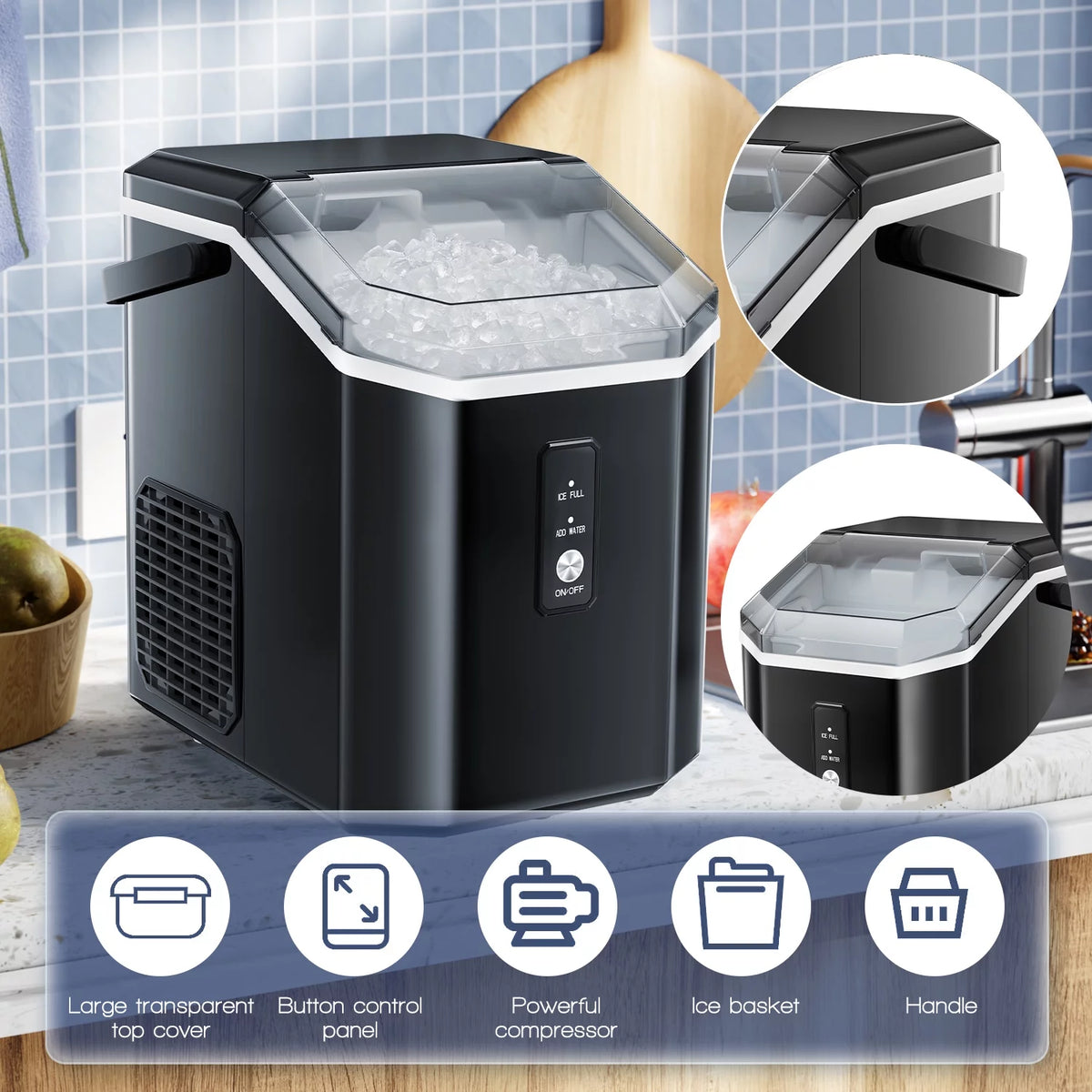 Nugget Ice Maker Countertop with Soft Chewable Pellet Ice, 34lbs/24H, Self-Cleaning, Black M490332