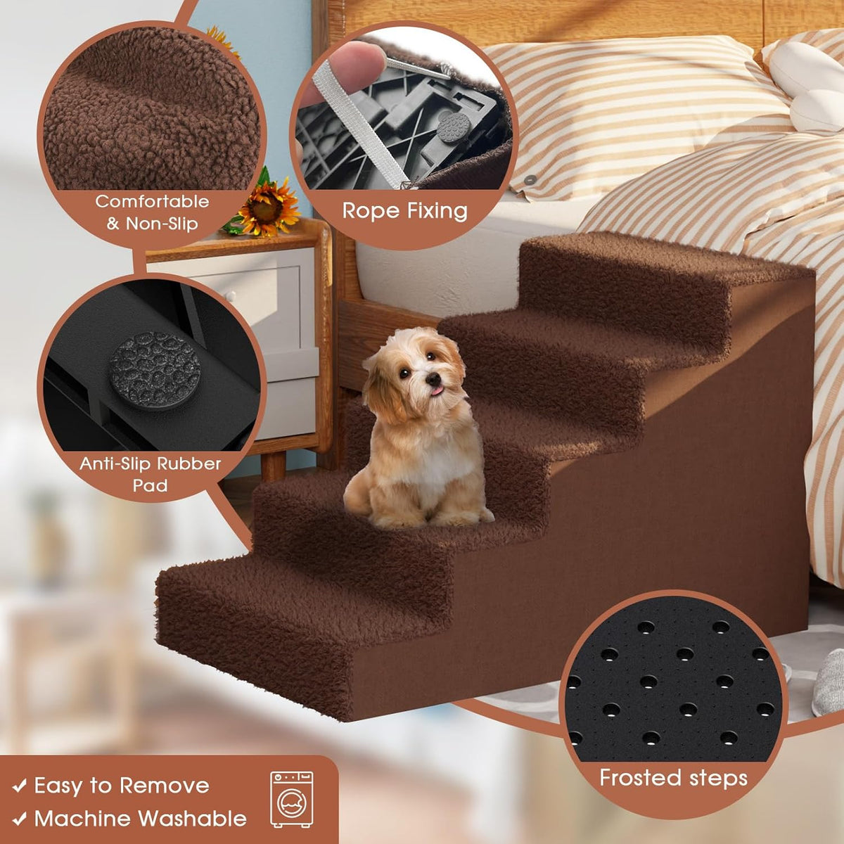 5 Tiers Thickened Widened Pet Steps with Washable Cover E752