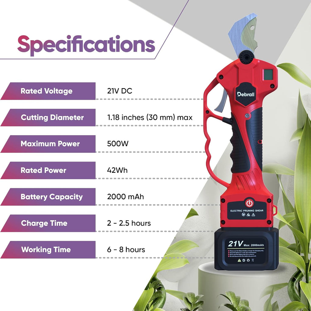 Electric Pruning Shears 21V, SK5 Carbon Steel Blades, 2 Rechargeable 2Ah Lithium Batteries, LCD Display, 30 mm Cutting Diameter, Pack of 2 X311