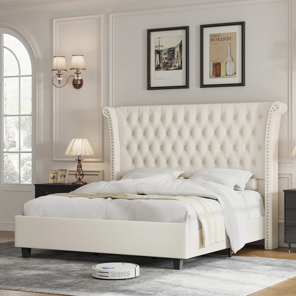 Queen Size White Velvet Upholstered Platform Bed Q1933