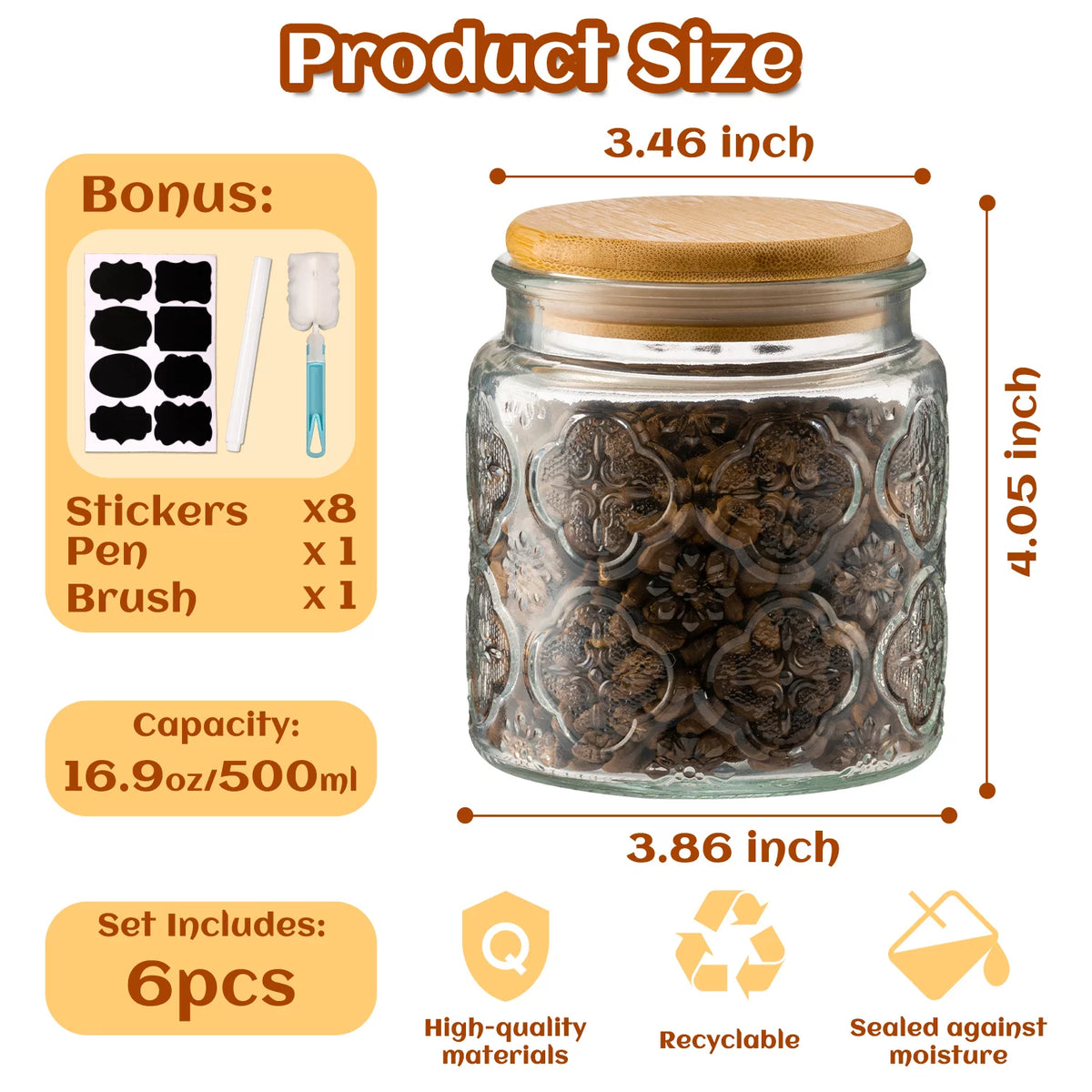 Vintage Glass Storage Jar with Wooden Lids 500ml Set of 6 T819826