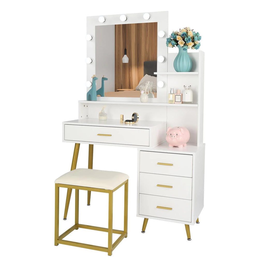 White Vanity Table Set with Lighted Mirror and 4 Drawers T42857