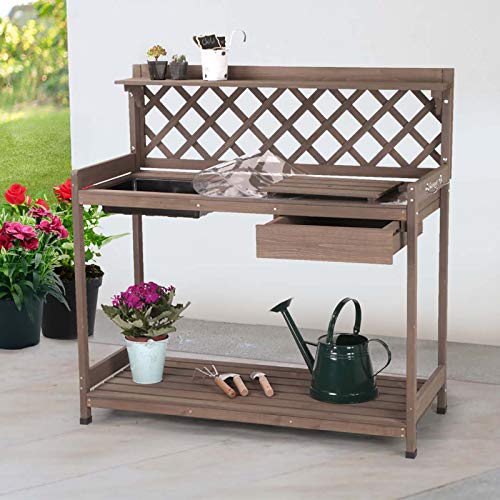 Potting Bench with Sink & Lid, Wooden Gardening Work Bench with Storage B1696