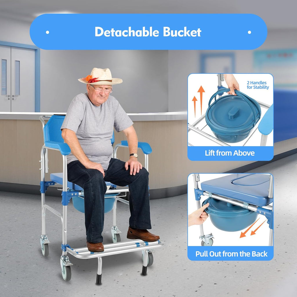Shower Commode Wheelchair with 4 Universal Wheels, 330Lbs Capacity K6482