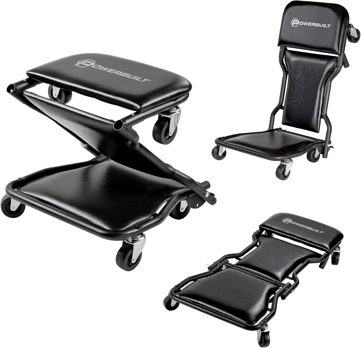 42-Inch Triplex Folding Creeper Rolling Seat Brake Stool Adjustable Roller Garage Chair Black A502