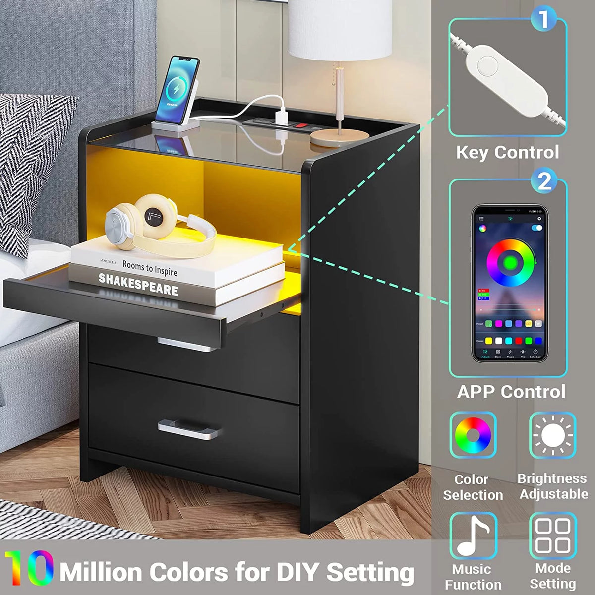 Black LED Nightstand with USB Charging and Drawers J970