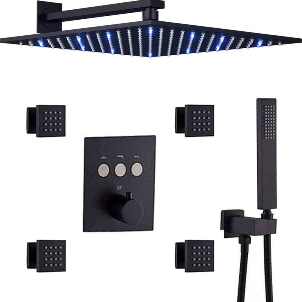 12 Inch Matte Black Thermostatic Rain Shower System E8460