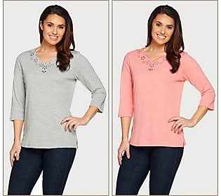 Set of 2 3/4 Sleeve T-Shirts, Size Small, Grey/Soft Coral S54362