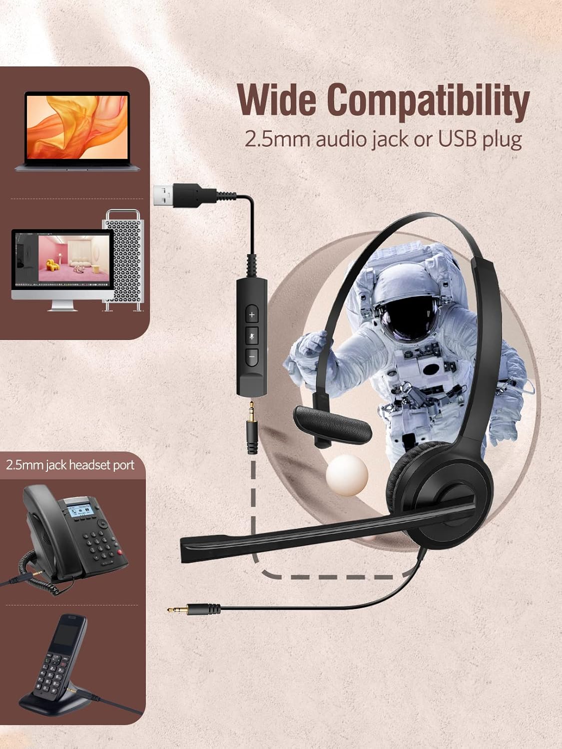 Single-Sided USB Headset with Microphone Noise Cancelling, 2.5mm S7100