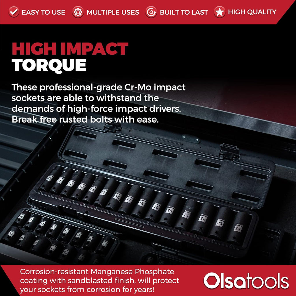 1/2 Drive Cr-Mo Shallow Impact Socket Set, 6-Point SAE, 14pc 3/8 to 1-1/4, Chromium Molybdenum, Premium Storage Case N94293
