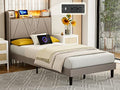 King Bed Frame with Charging Station and Storage Shelf Headboard, Upholstered LED Bed Frame with Solid Wood Slats, Light Brown U582144