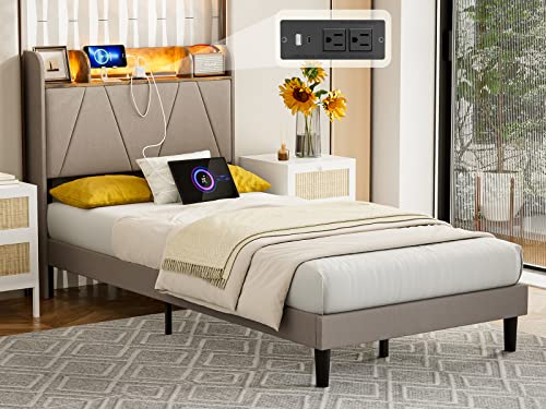 King Bed Frame with Charging Station and Storage Shelf Headboard, Upholstered LED Bed Frame with Solid Wood Slats, Light Brown U582144