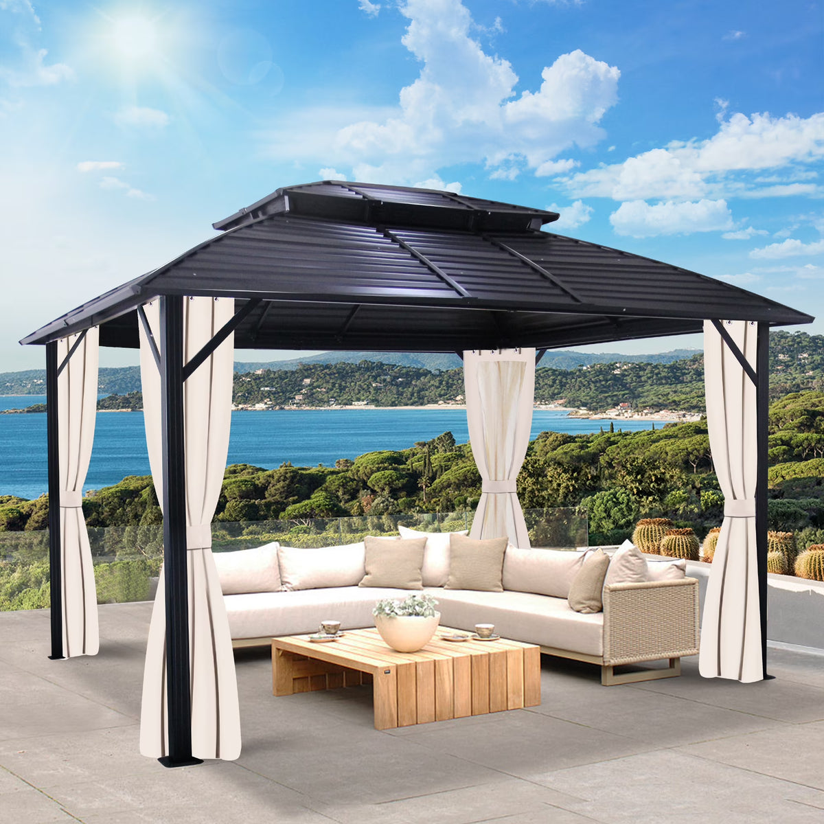10x12FT Galvanized Steel Hardtop Gazebo with Double Roof P47889