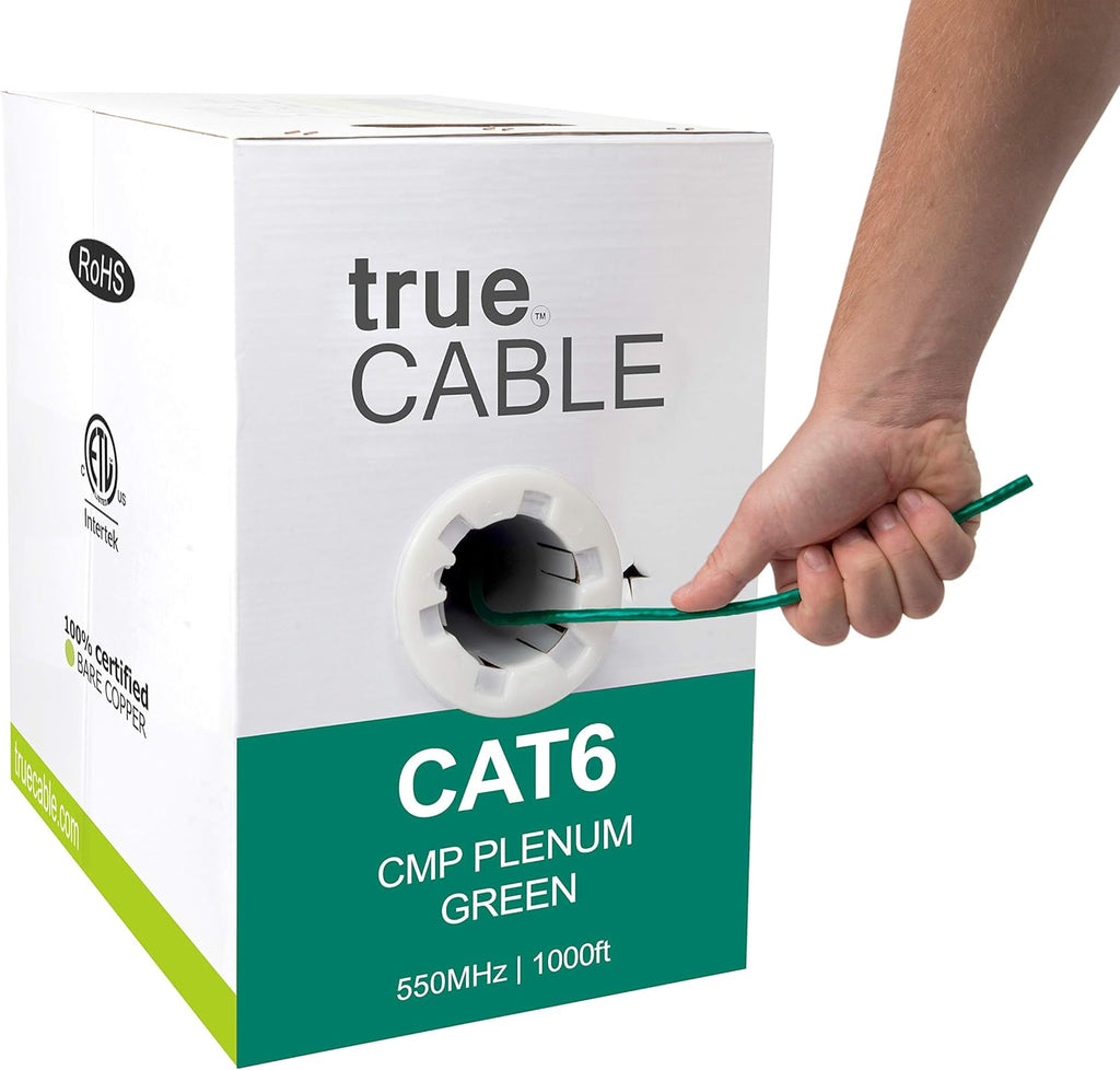 Cat6 Plenum 1000ft Black 23AWG 4 Pair Solid Bare Copper Bulk Ethernet Cable W130