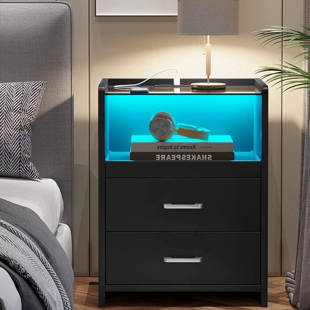 Black LED Nightstand with USB Charging and Drawers J970