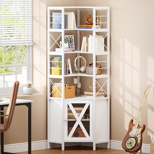 White 7-Tier Corner Bookshelf with Doors S37023