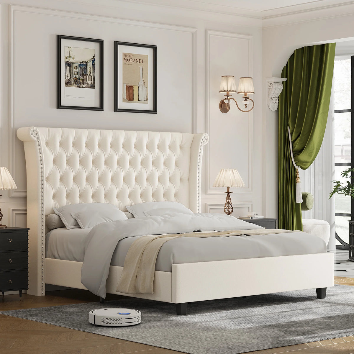 Queen Size White Velvet Upholstered Platform Bed Q1933