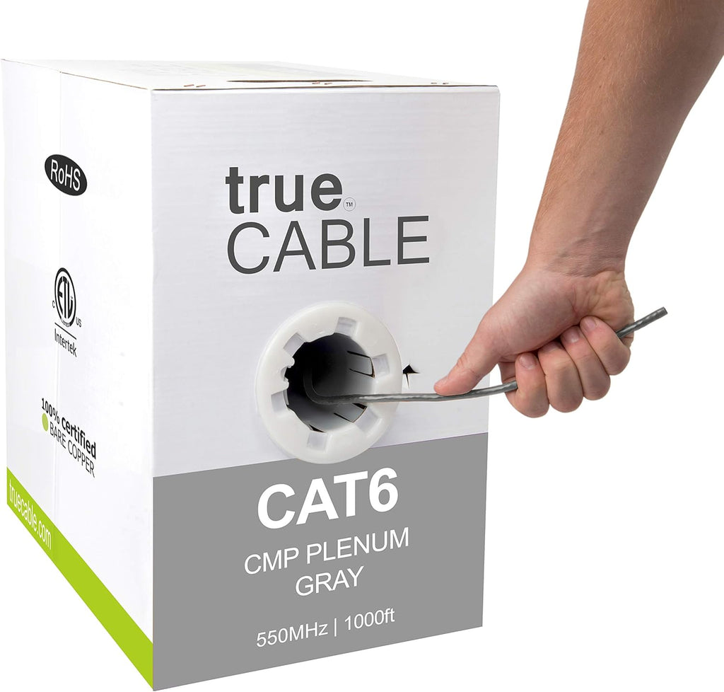 Cat6 Plenum 1000ft Black 23AWG 4 Pair Solid Bare Copper Bulk Ethernet Cable W130