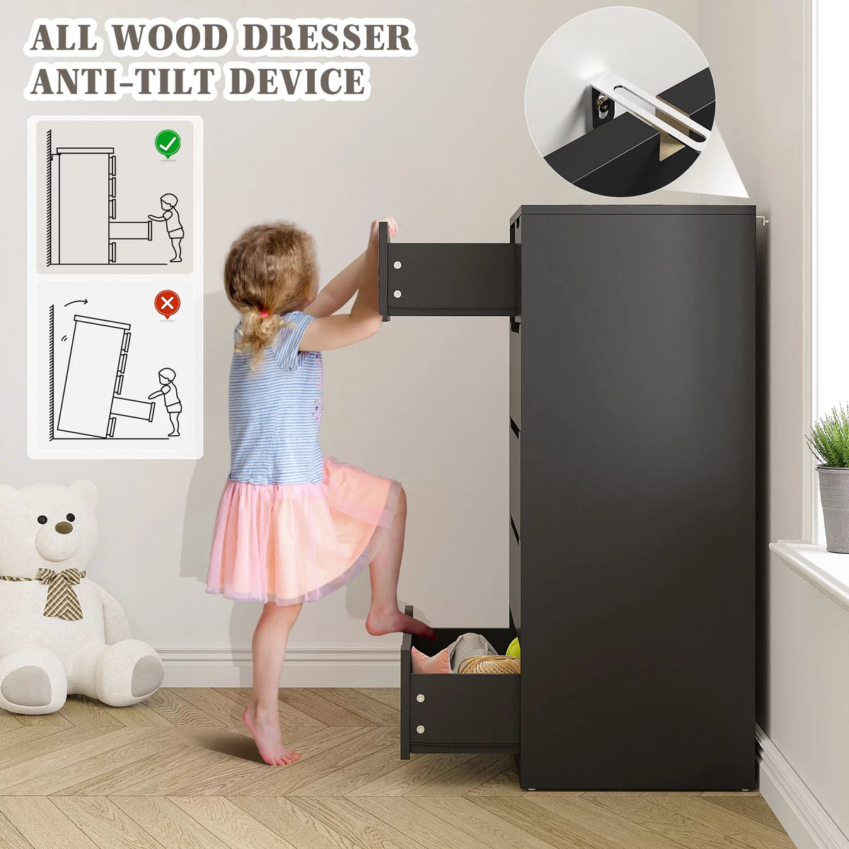 Black Tall Wood 6 Drawer Dresser A110