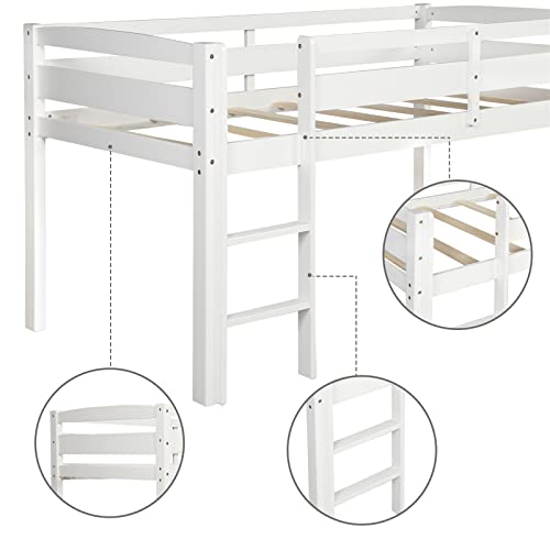 White Twin Size Wooden Loft Bed Frame with Ladder Y56205