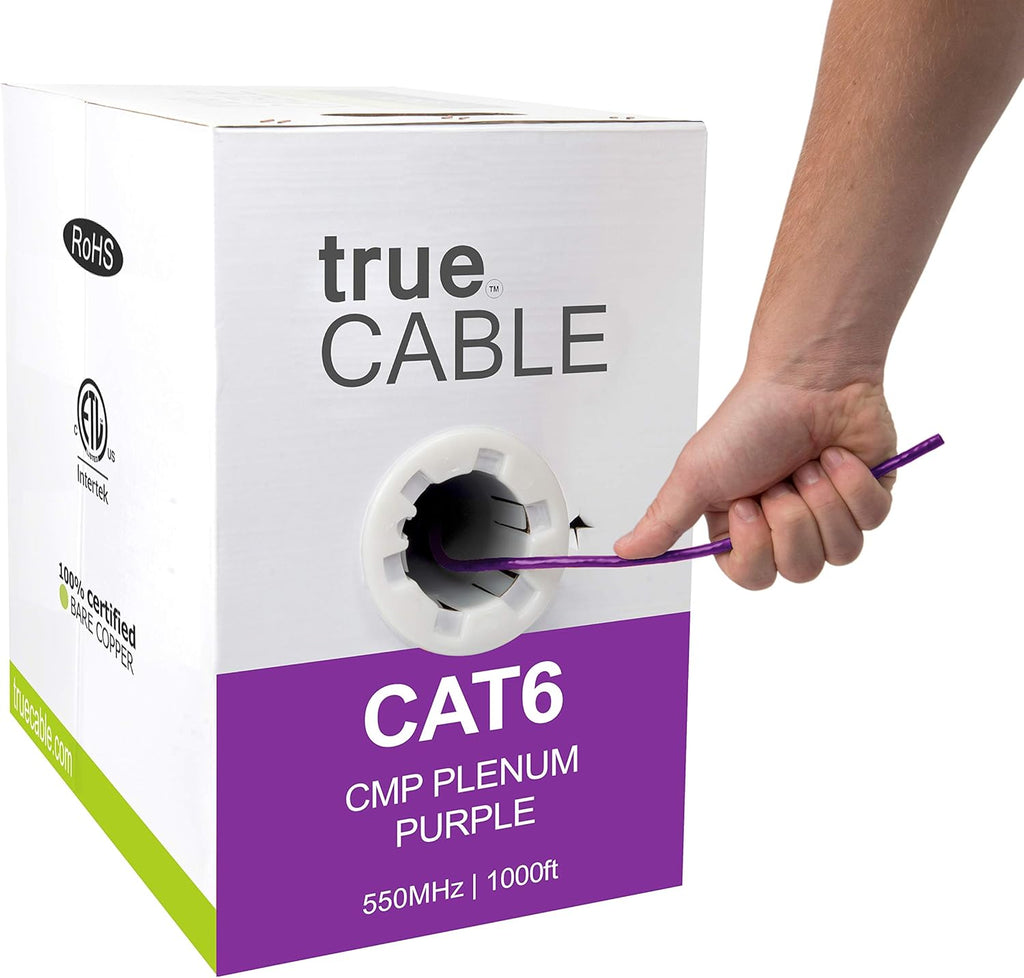 Cat6 Plenum 1000ft Black 23AWG 4 Pair Solid Bare Copper Bulk Ethernet Cable W130