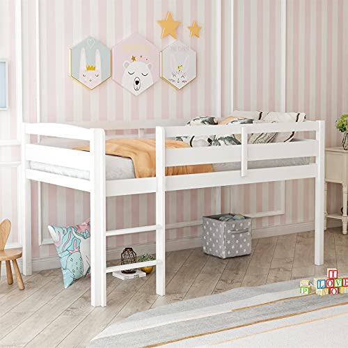 White Twin Size Wooden Loft Bed Frame with Ladder Y56205