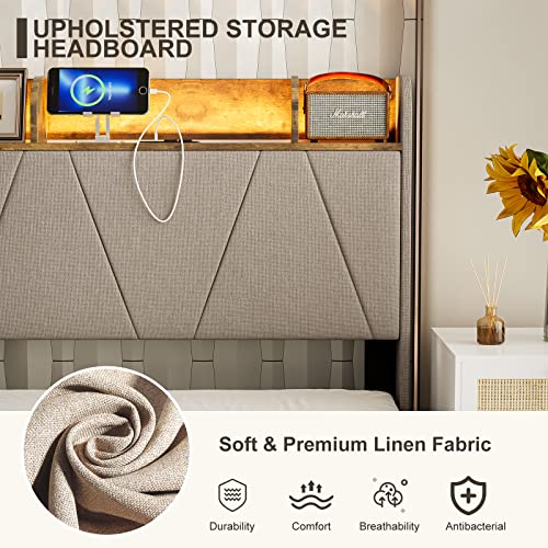 King Bed Frame with Charging Station and Storage Shelf Headboard, Upholstered LED Bed Frame with Solid Wood Slats, Light Brown U582144
