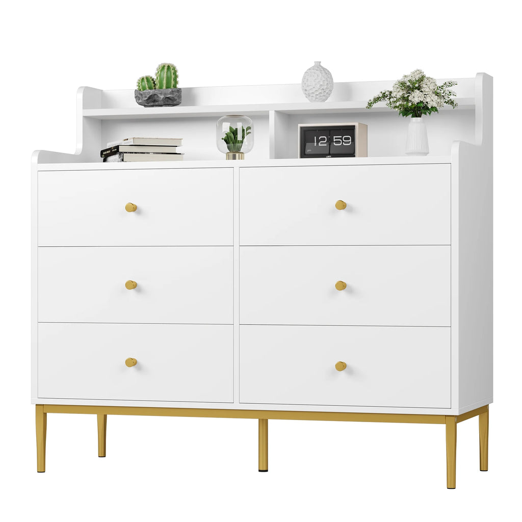 White 6 Drawer Wood Dresser with Hutch G1776