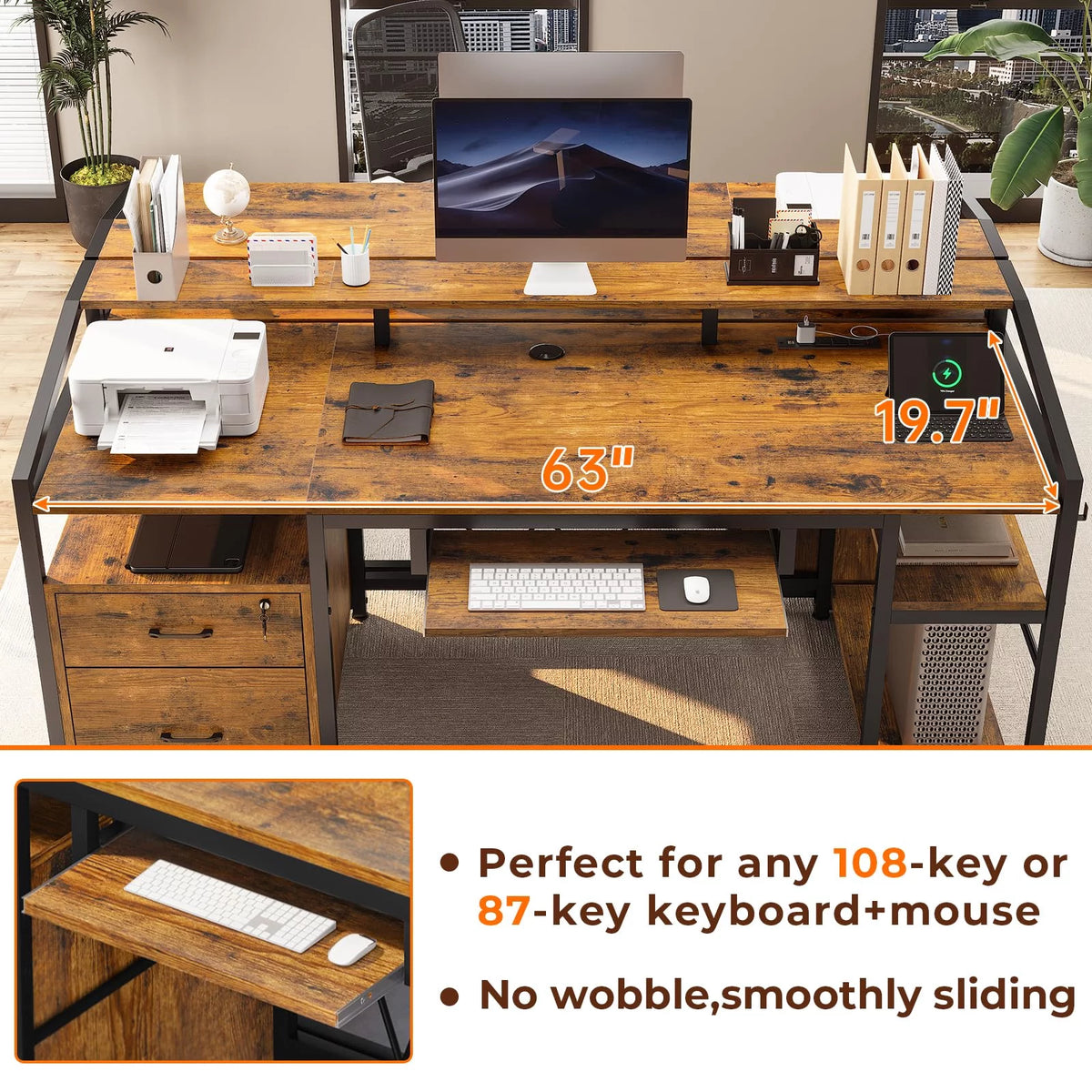 Computer Desk with LED Light and Power Outlet, 63 inches Gaming Desk with Lock Drawers E628