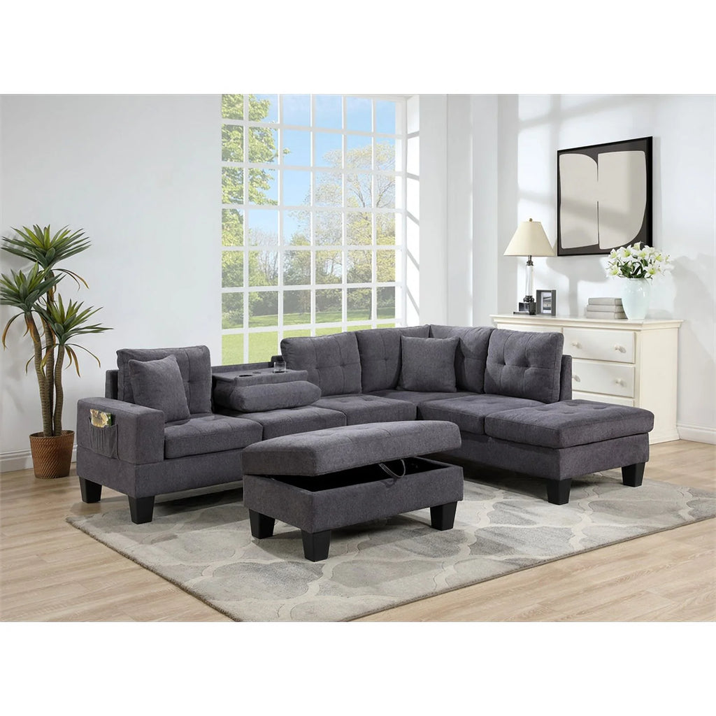 Dark Gray Woven Fabric Sectional with Charging Ports Y29855