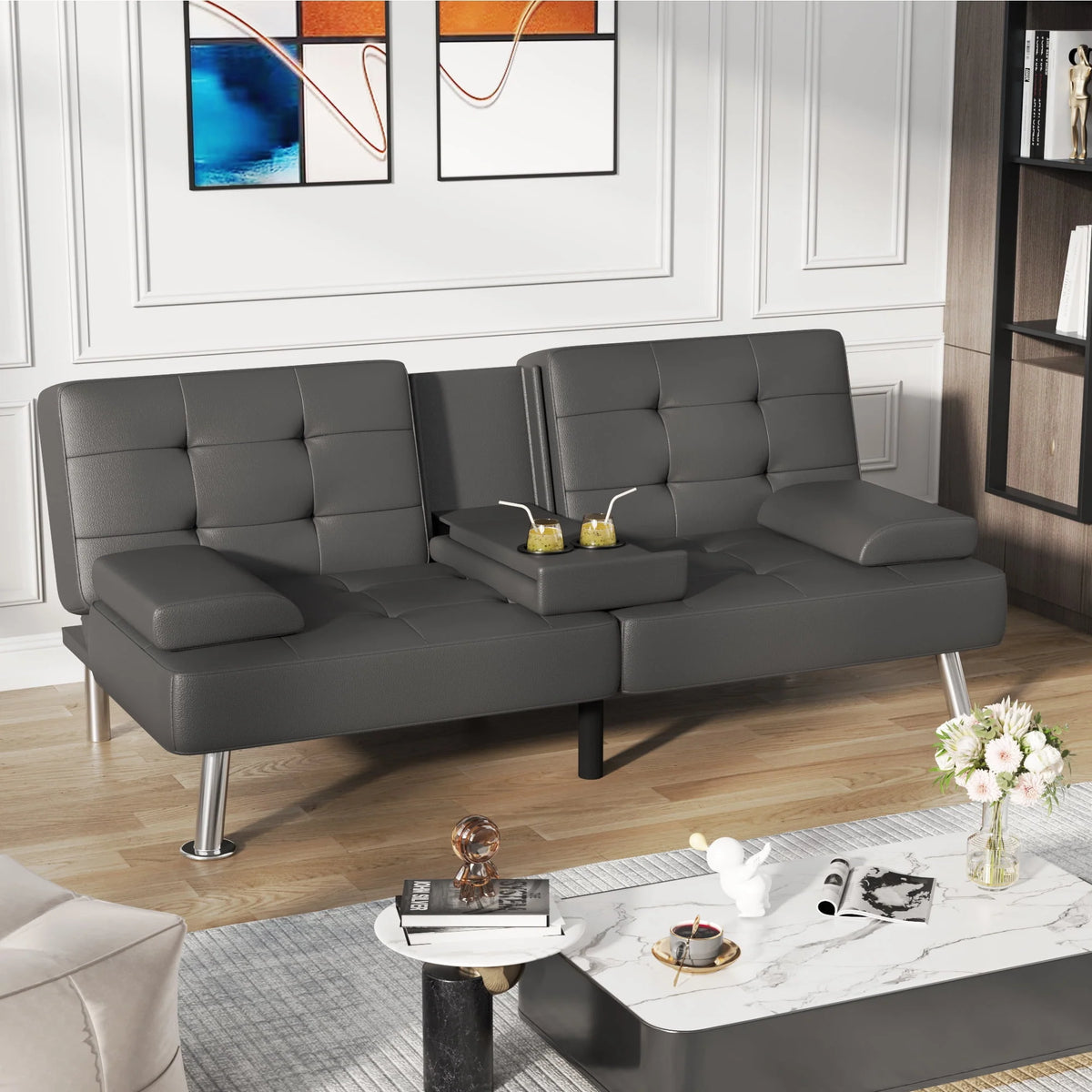 Faux Leather Convertible Futon Sofa Bed with 2 Cup Holders U80141