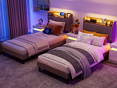 King Bed Frame with Charging Station and Storage Shelf Headboard, Upholstered LED Bed Frame with Solid Wood Slats, Light Brown U582144