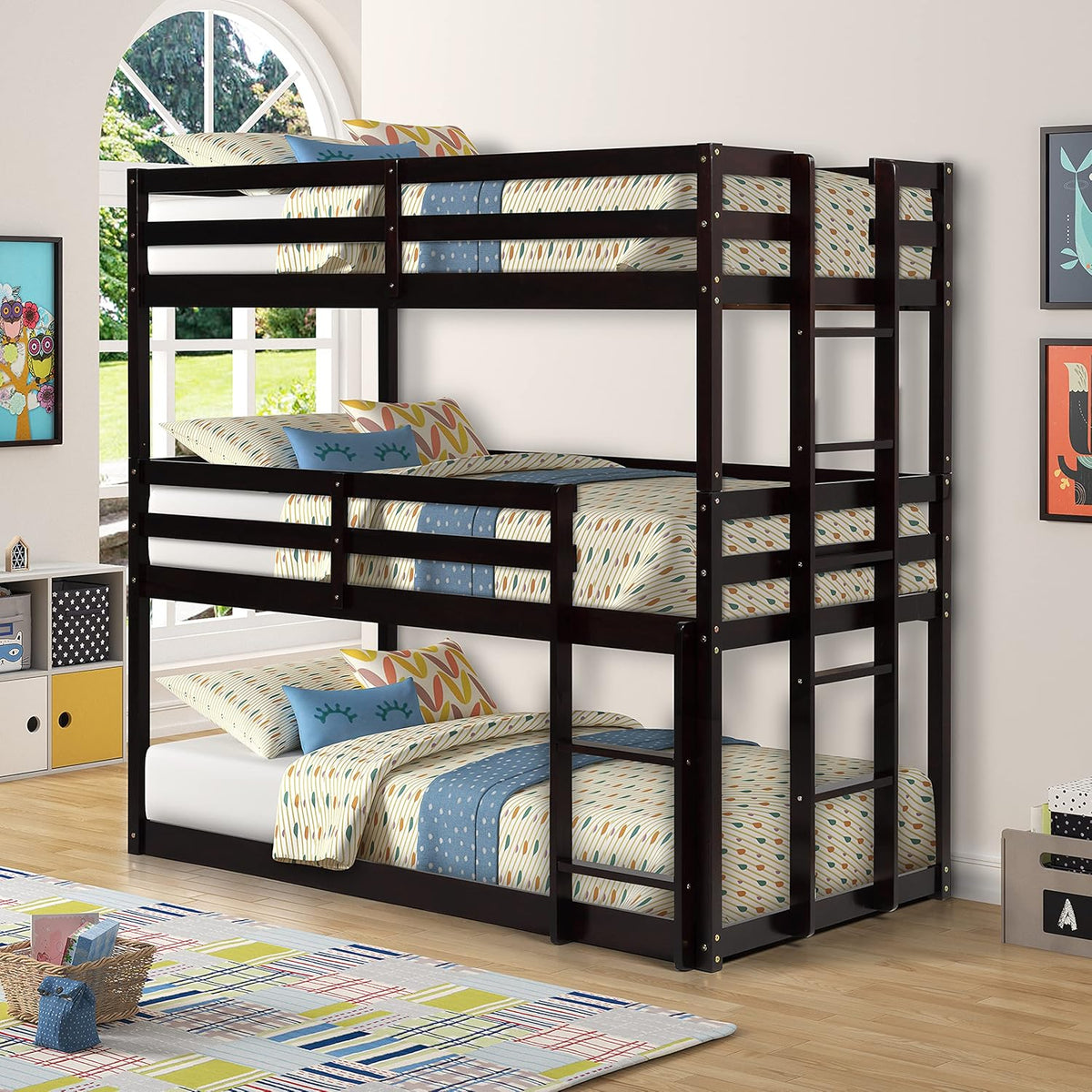Twin Size Wood Triple Bunk Bed with Guard Rail and Ladder B7120