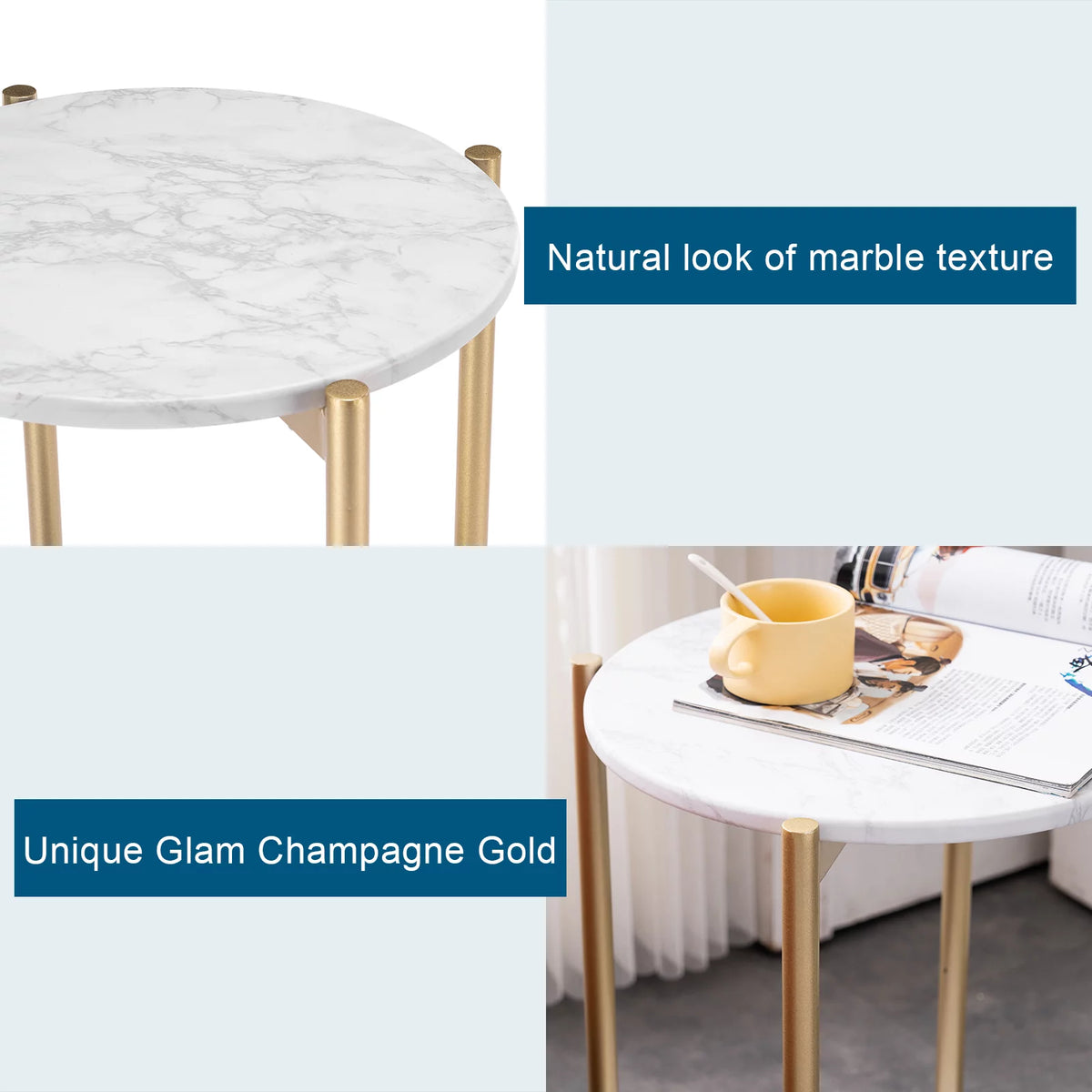 Gold White 2-Tier Round Faux Marble End Table T12201