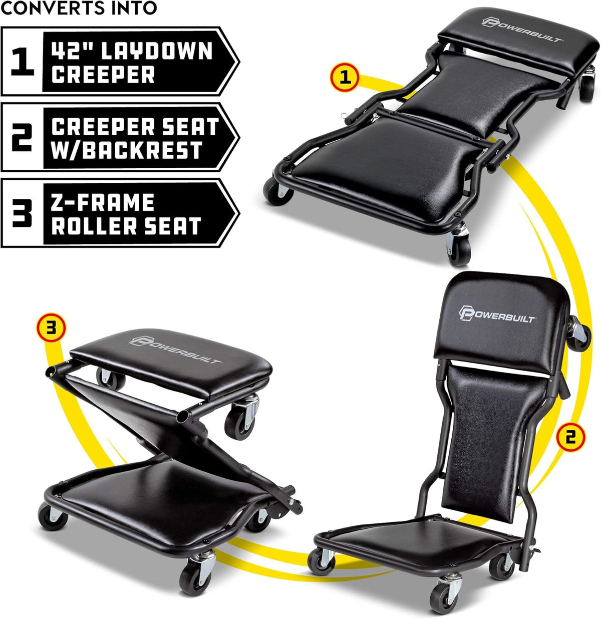 42-Inch Triplex Folding Creeper Rolling Seat Brake Stool Adjustable Roller Garage Chair Black A502