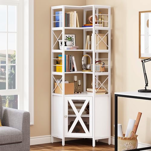 White 7-Tier Corner Bookshelf with Doors S37023