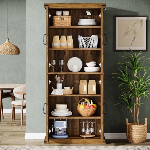 71" Tall Kitchen Pantry, Farmhouse Storage Cabinet with Barn Doors and Adjustable Shelves, Rustic Wooden Cupboard, Brown H98457