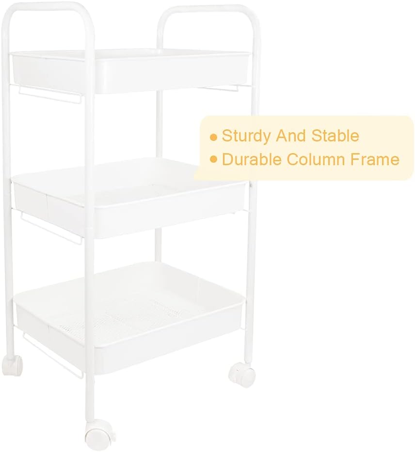 3-Tier Rolling Metal Storage Cart with Lockable Wheels, White H602194