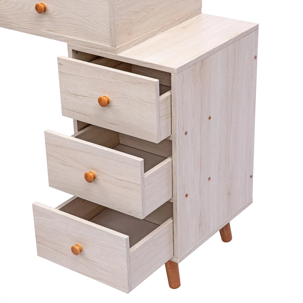 Makeup Vanity Table with Cushioned Stool, 5 Drawers, Round Mirror A510