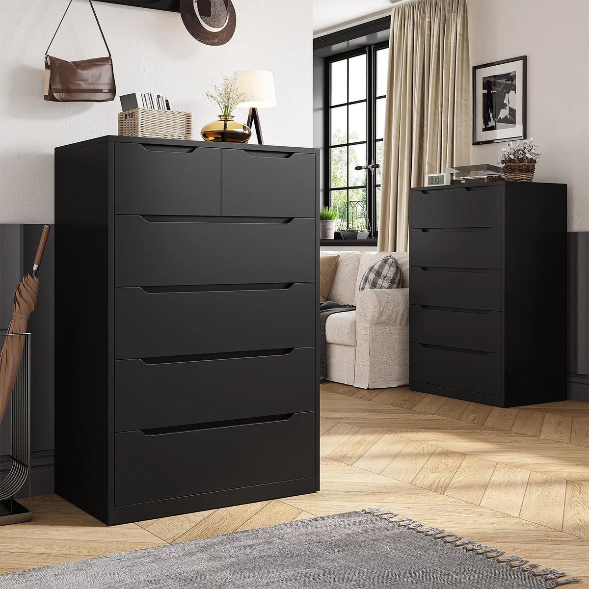 Black Tall Wood 6 Drawer Dresser A110
