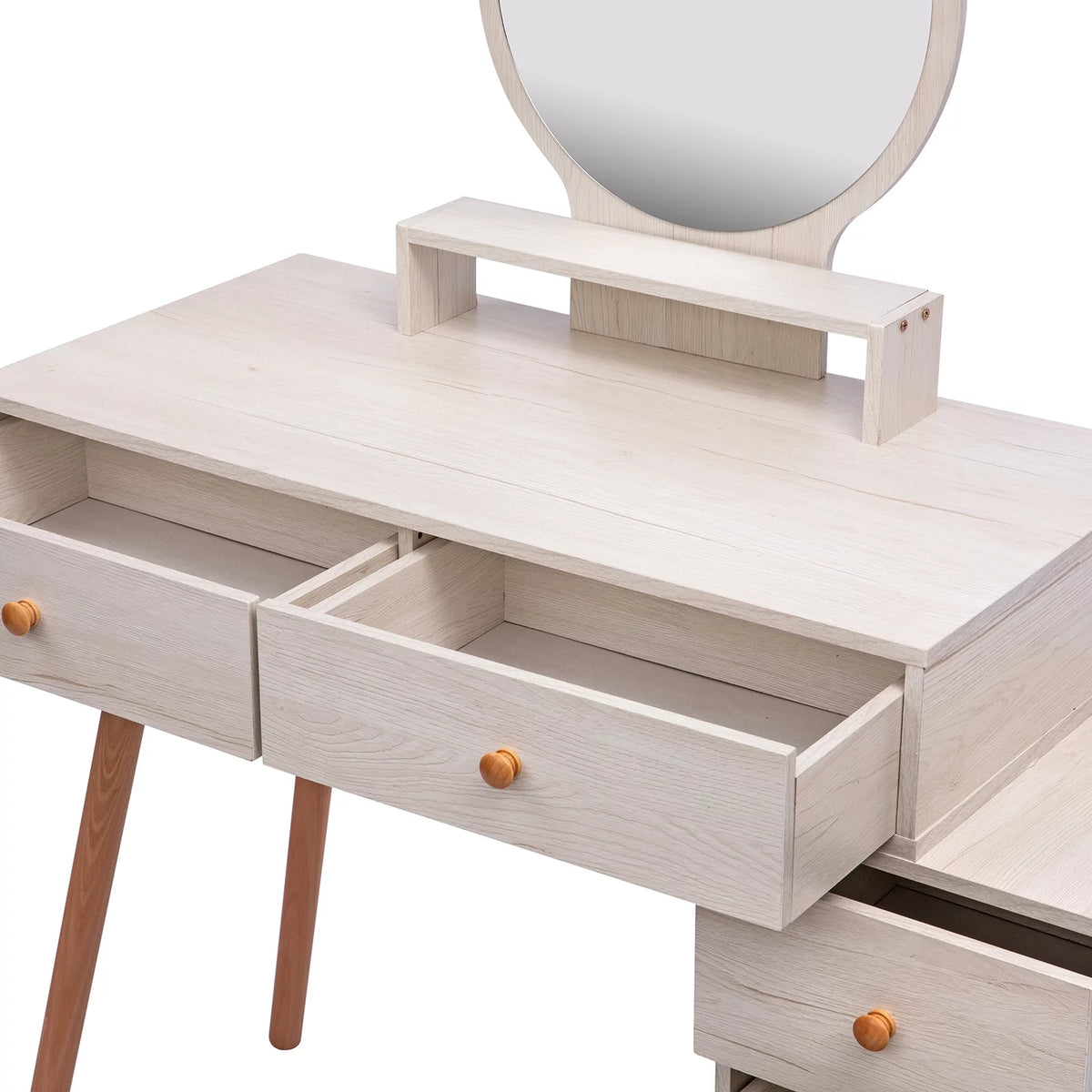 Makeup Vanity Table with Cushioned Stool, 5 Drawers, Round Mirror A510
