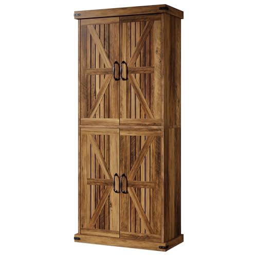 71" Tall Kitchen Pantry, Farmhouse Storage Cabinet with Barn Doors and Adjustable Shelves, Rustic Wooden Cupboard, Brown H98457