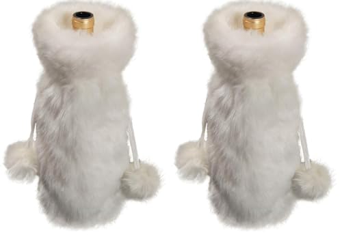 White Faux Fur Drawstring Wine Bottle Cover Bag H2293