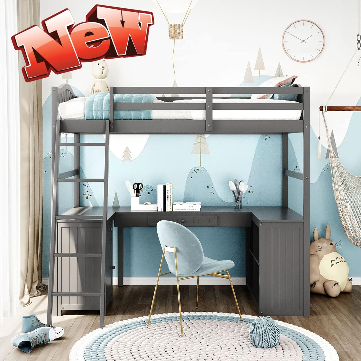 Espresso Twin Loft Bed with Desk, Storage Drawers, Cabinet Shelves S3566