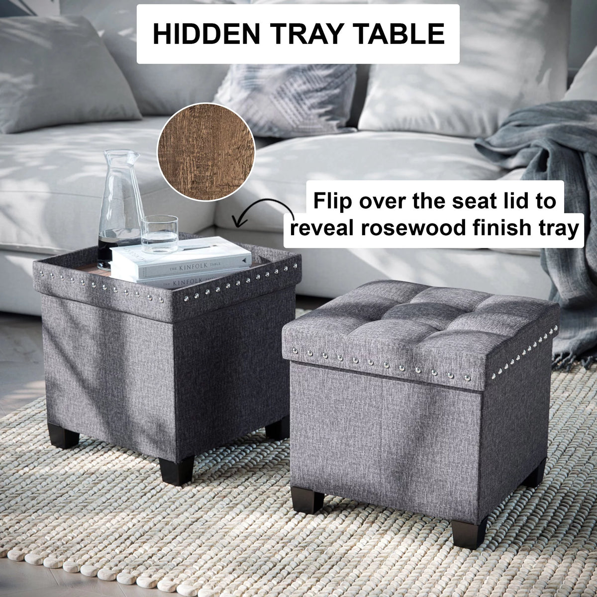 Foldable Cube Storage Ottoman with Gray Fabric B482
